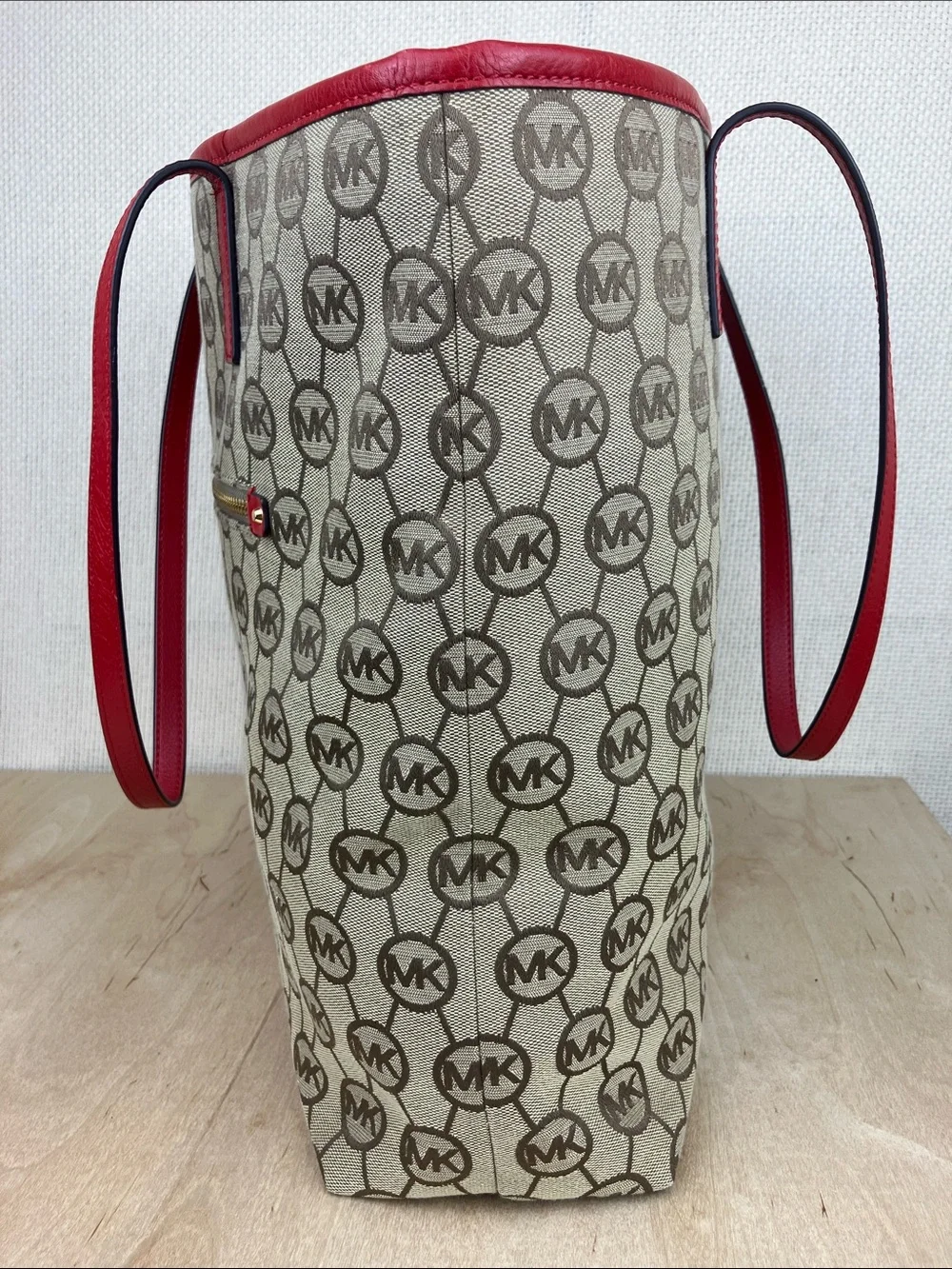 Michael Kors Montauk Large Tote Bag Beige Monogram Red Leather Trim